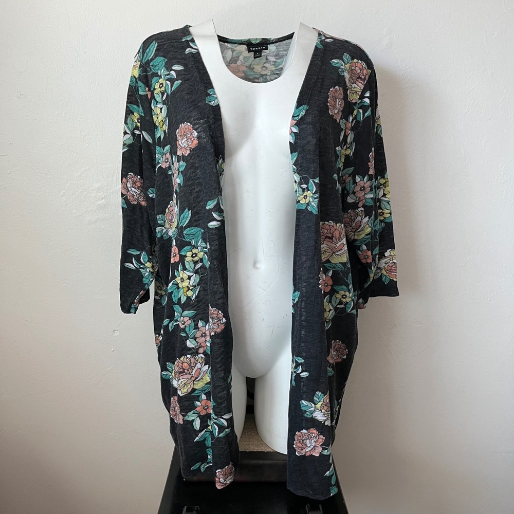 Torrid Floral Open Front Cardigan Gray Pink Yellow Plus Size 4 4X 26-28